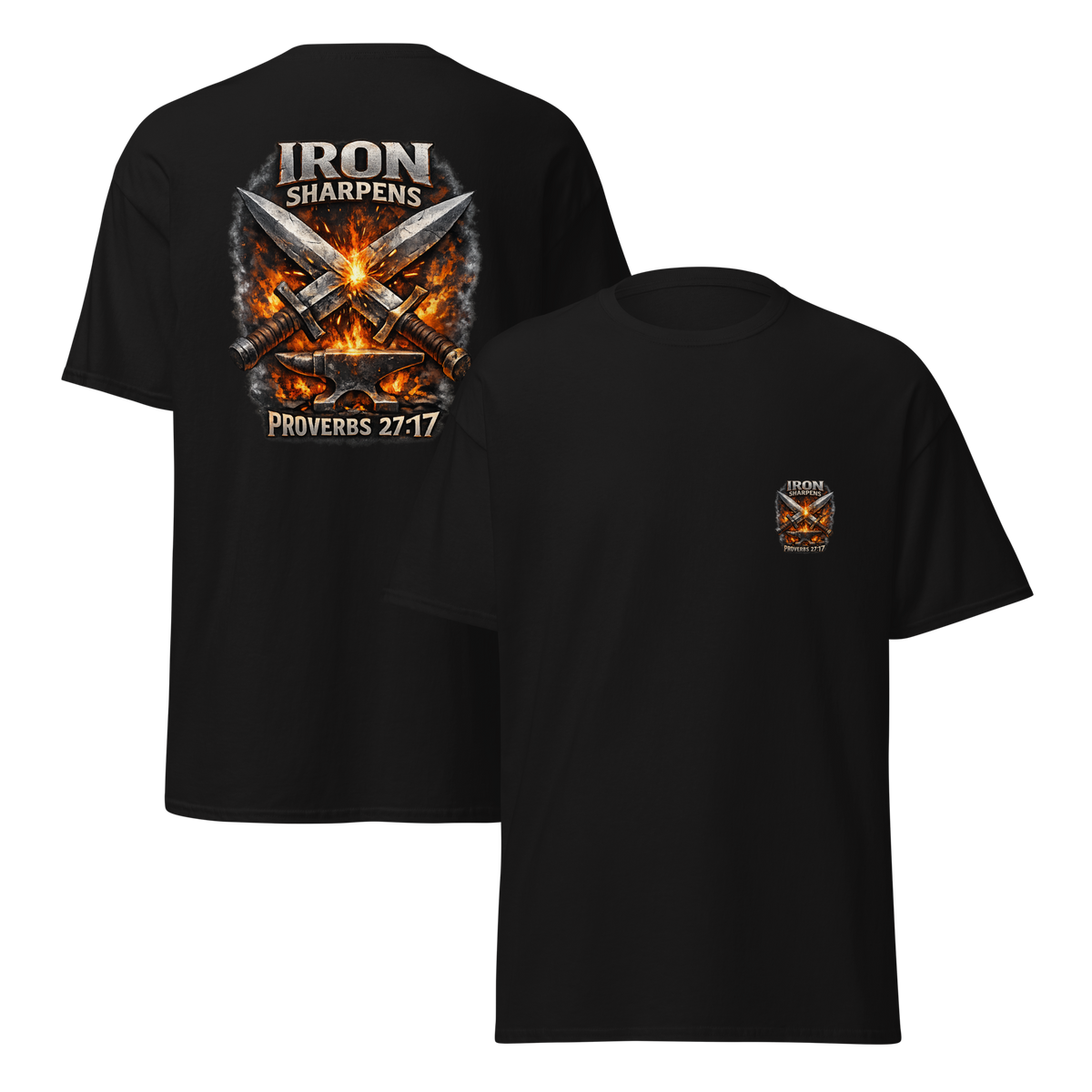 Iron Sharpens Iron Christian men's heavyweight t-shirt inspired by Proverbs 27:17