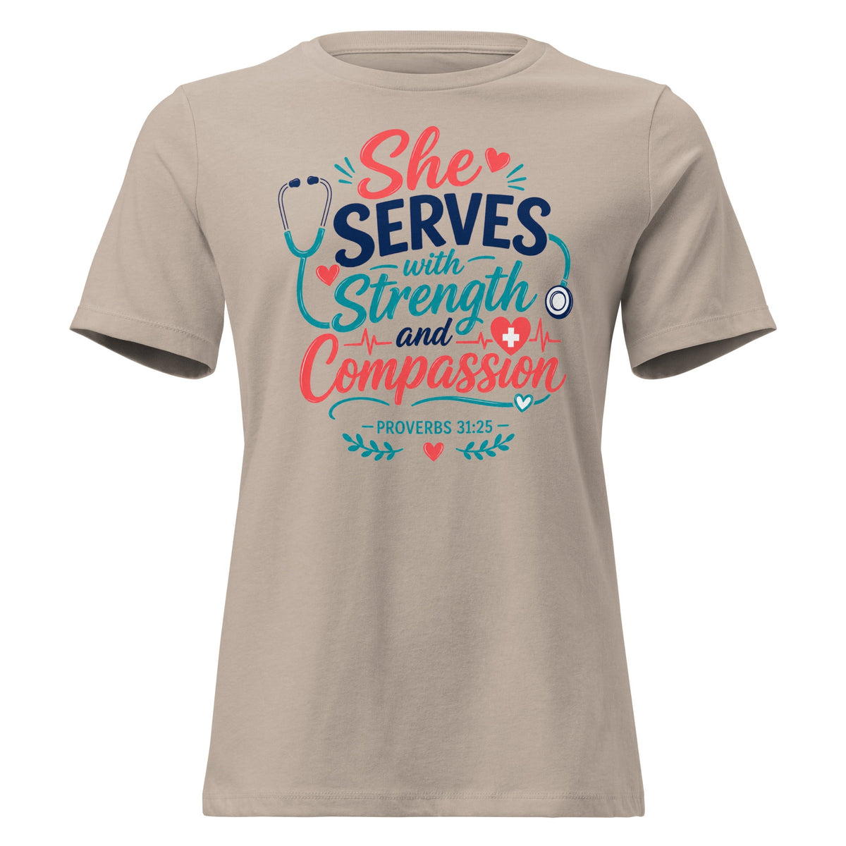 She Serves with Strength and Compassion Christian nurse T-shirt