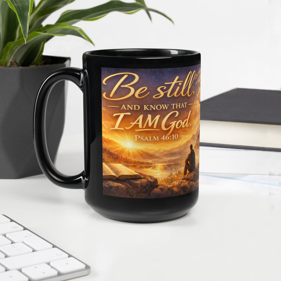 Be Still and Know – Psalm 46:10 Black Glossy Mug