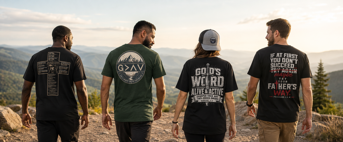 Four men standing outdoors on a mountain trail, viewed from behind, wearing black and green graphic T-shirts with inspirational Christian slogans and designs.