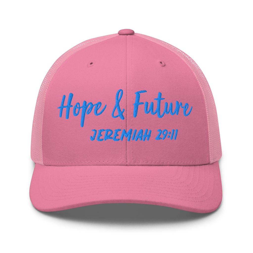 Pink cap with blue text 'Hope & Future Jeremiah 29:11' on a white background