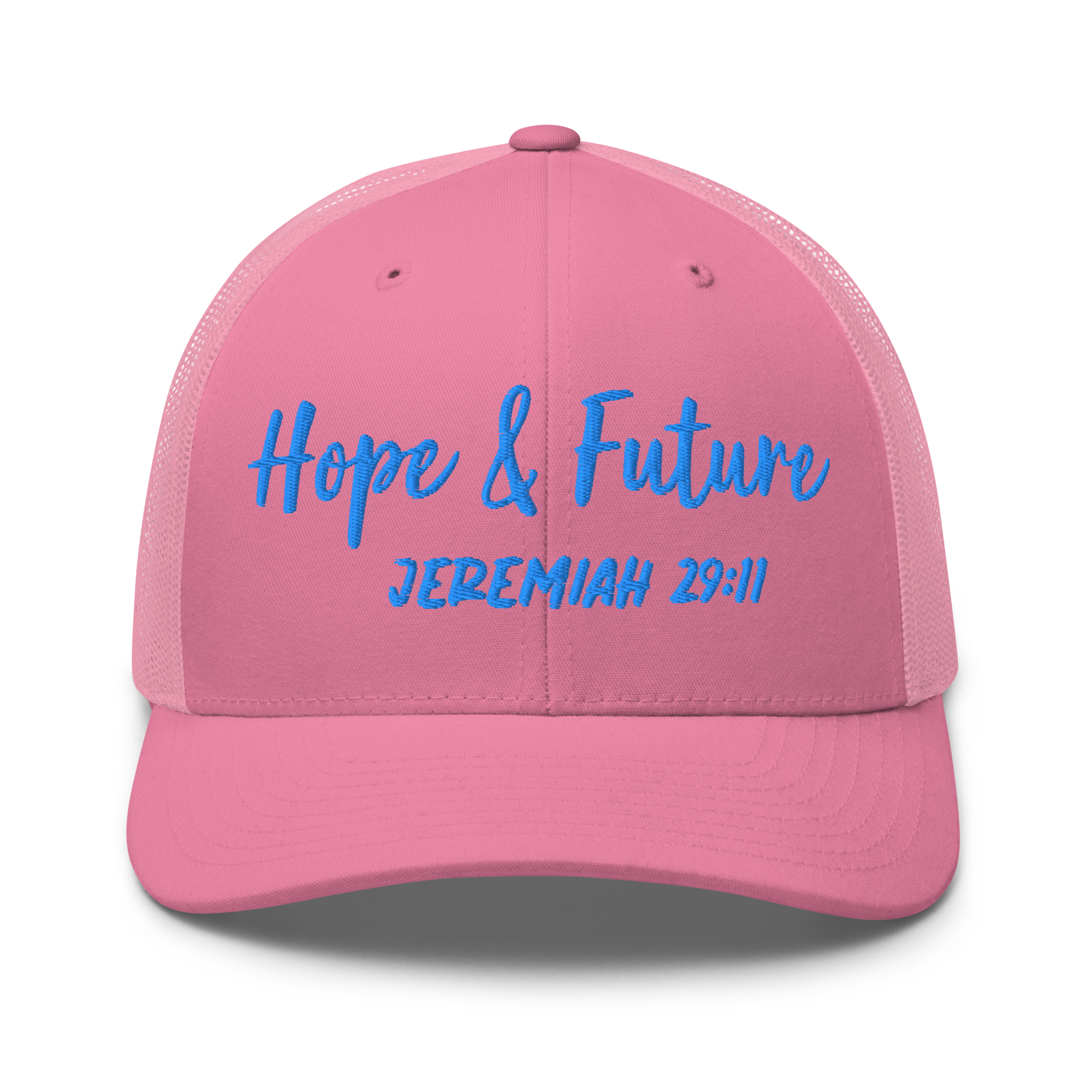Pink cap with blue text 'Hope & Future Jeremiah 29:11' on a white background