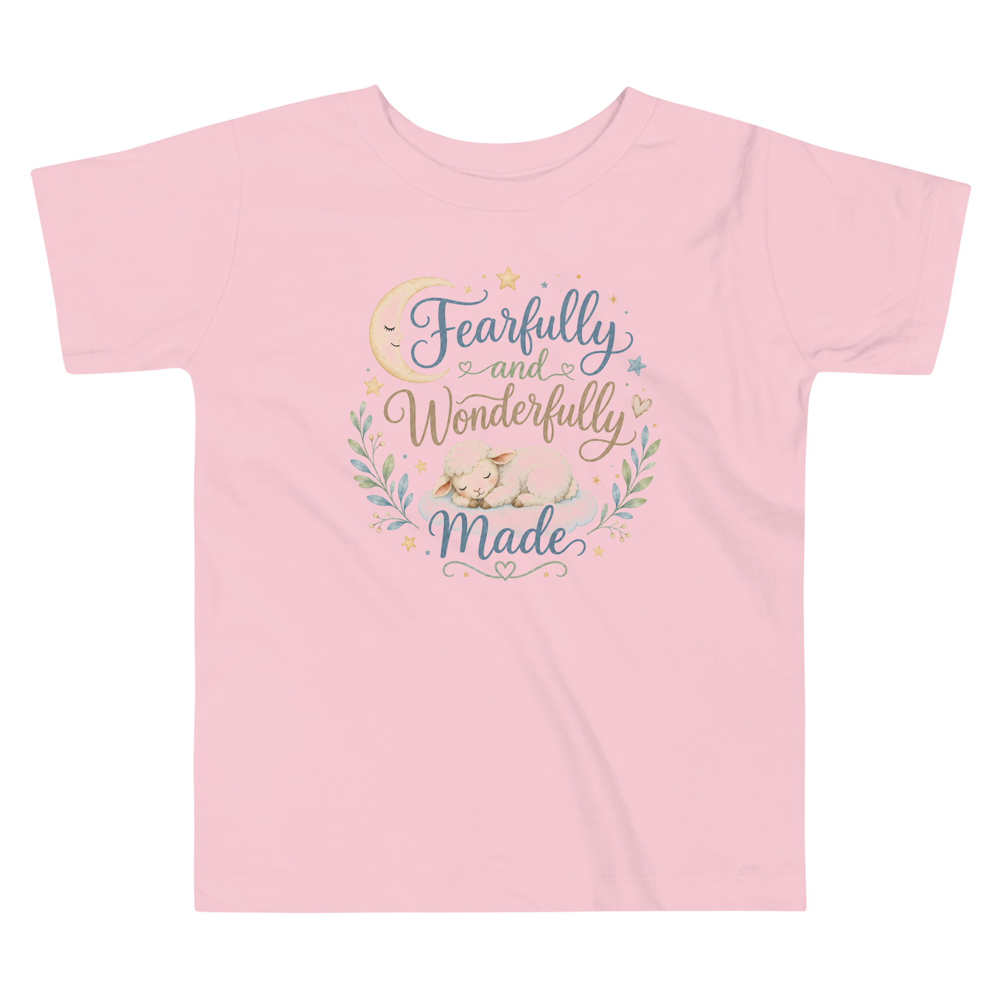 Pink t-shirt with 'Fearfully and Wonderfully Made' text and design on a white background