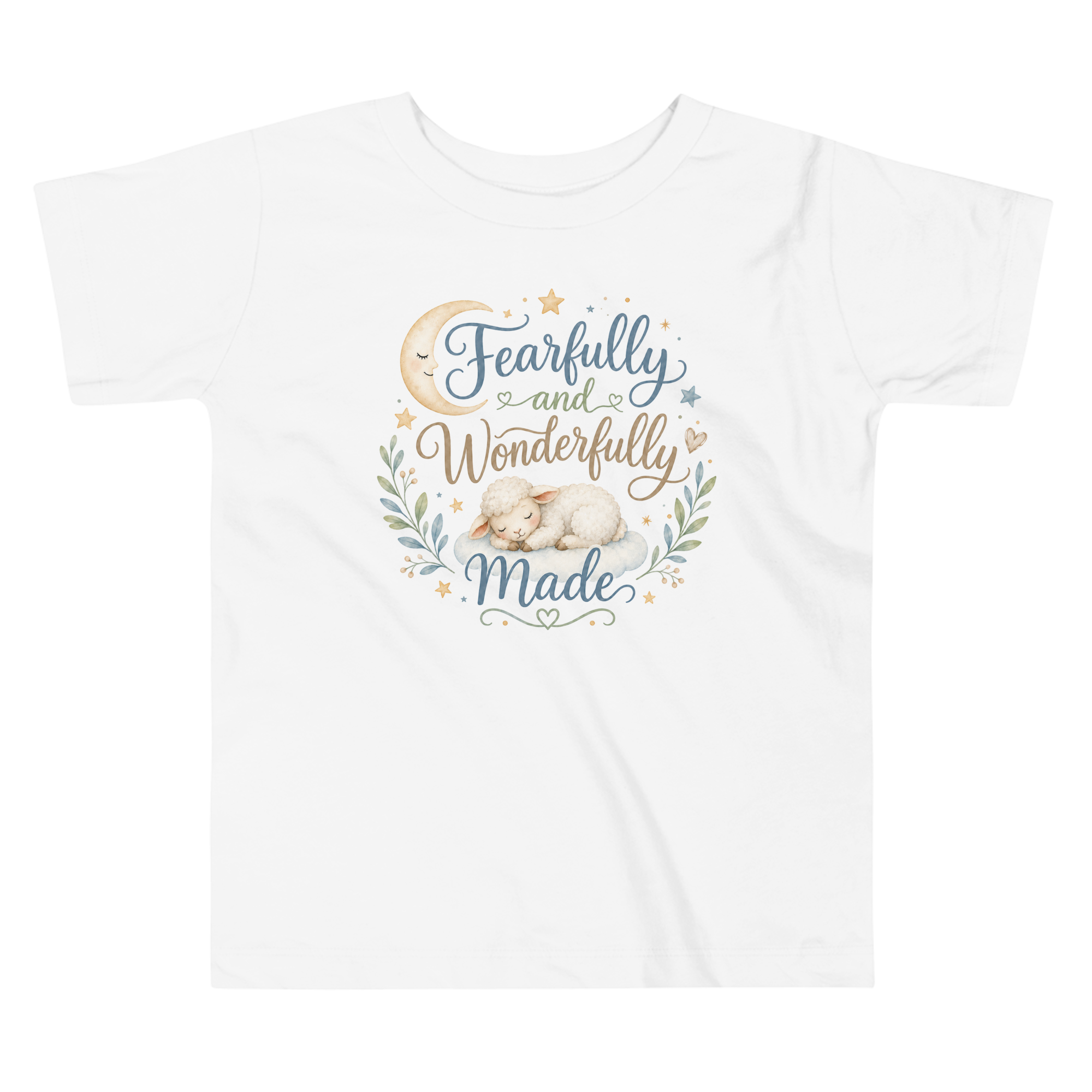 White t-shirt with 'Fearfully and Wonderfully Made' text and baby illustration on a white background