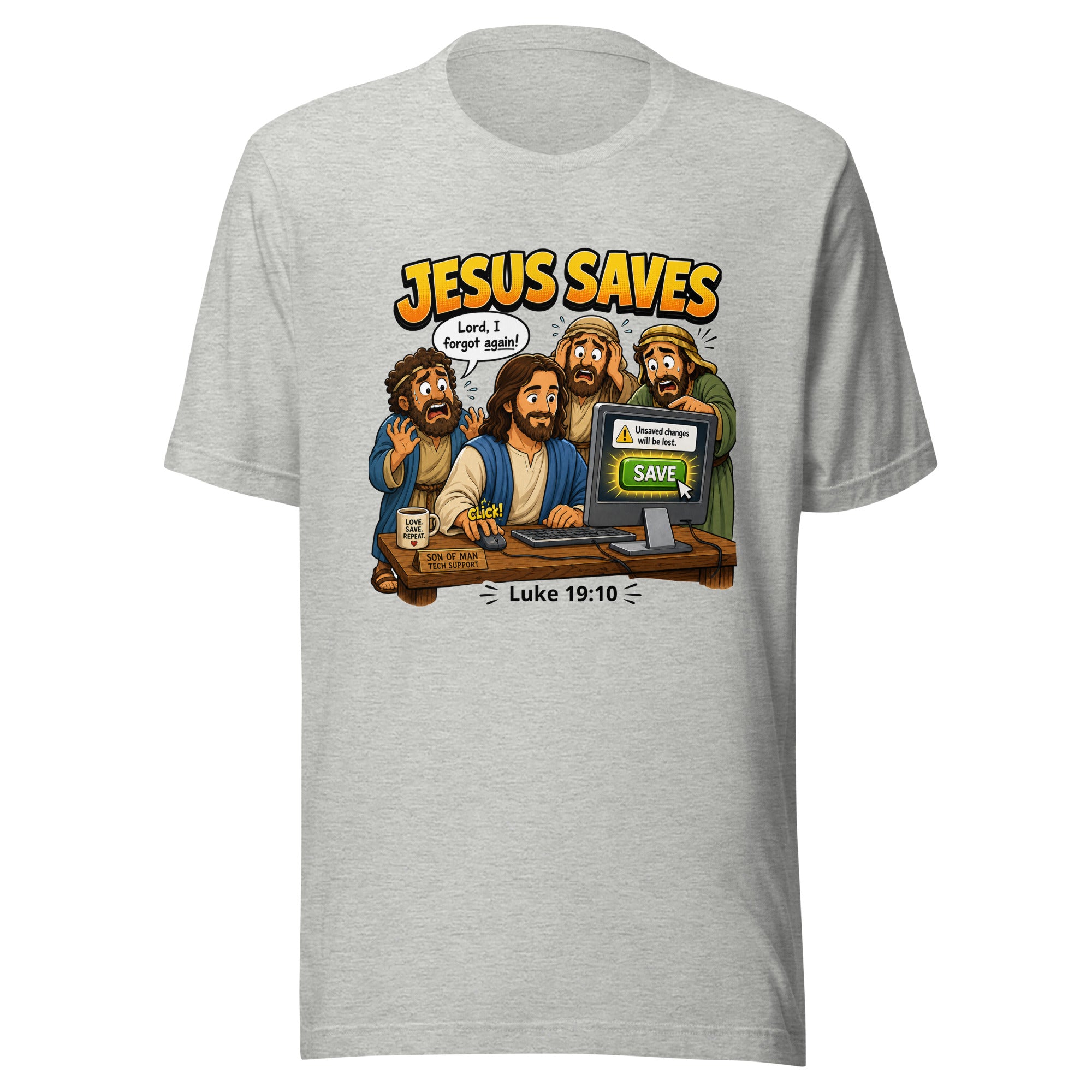 Gray t-shirt with a graphic of Jesus and his disciples on a computer screen, with 'Jesus Saves' text.