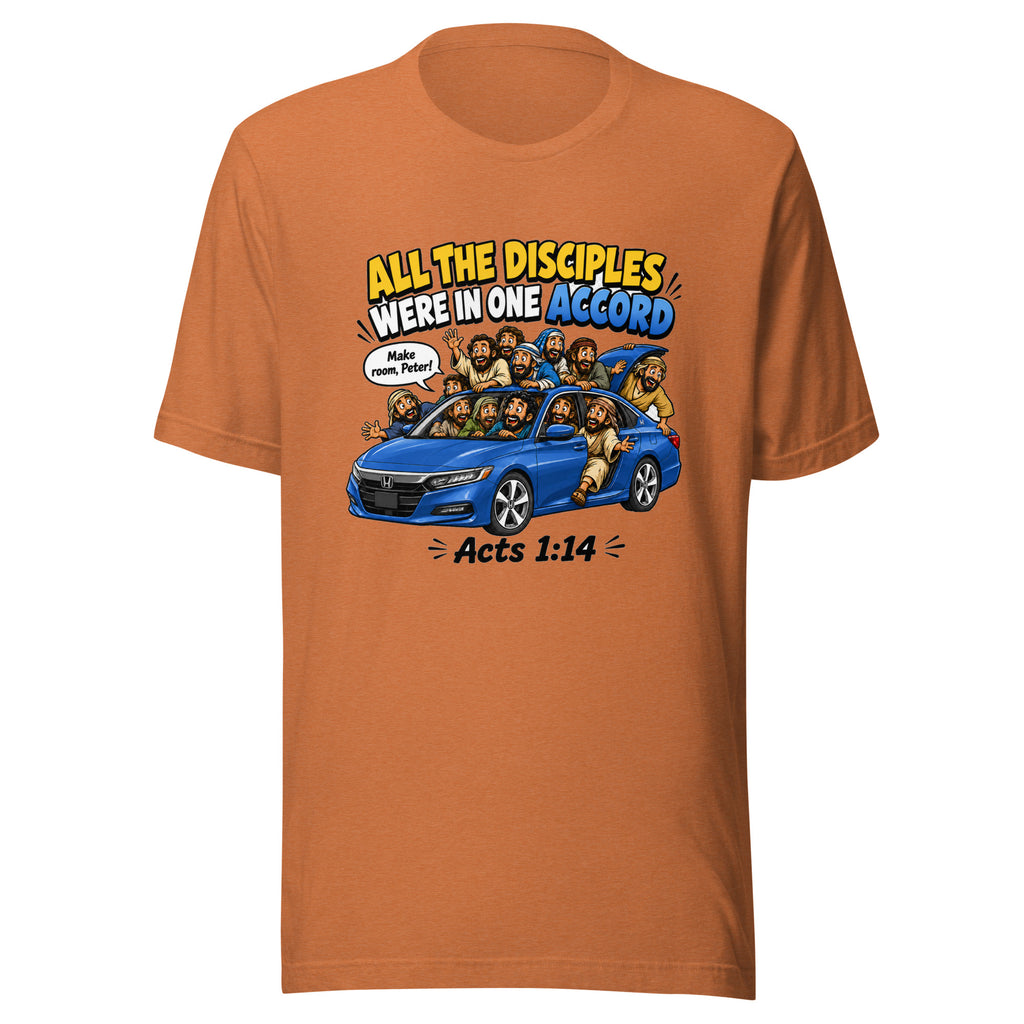 Brown t-shirt with a graphic of a blue car and cartoon disciples, text 'All the Disciples Were in One Accord' on a white background.