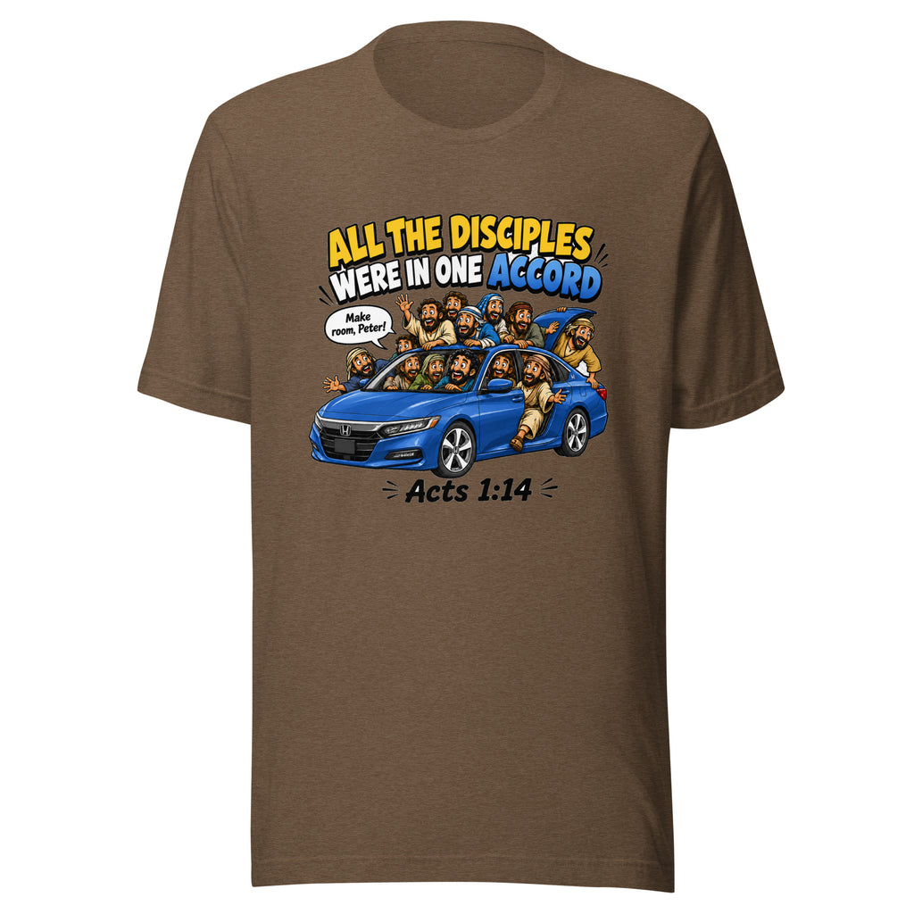 Brown t-shirt with a graphic of a blue car and disciples around it, with text above and below.