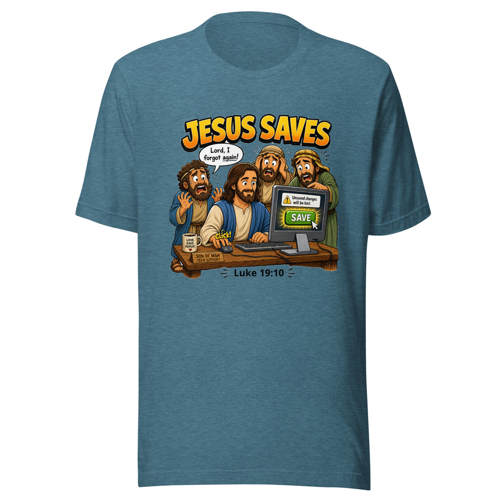 Blue t-shirt with cartoon design of Jesus and two disciples at a computer, featuring the text 'Jesus Saves'.