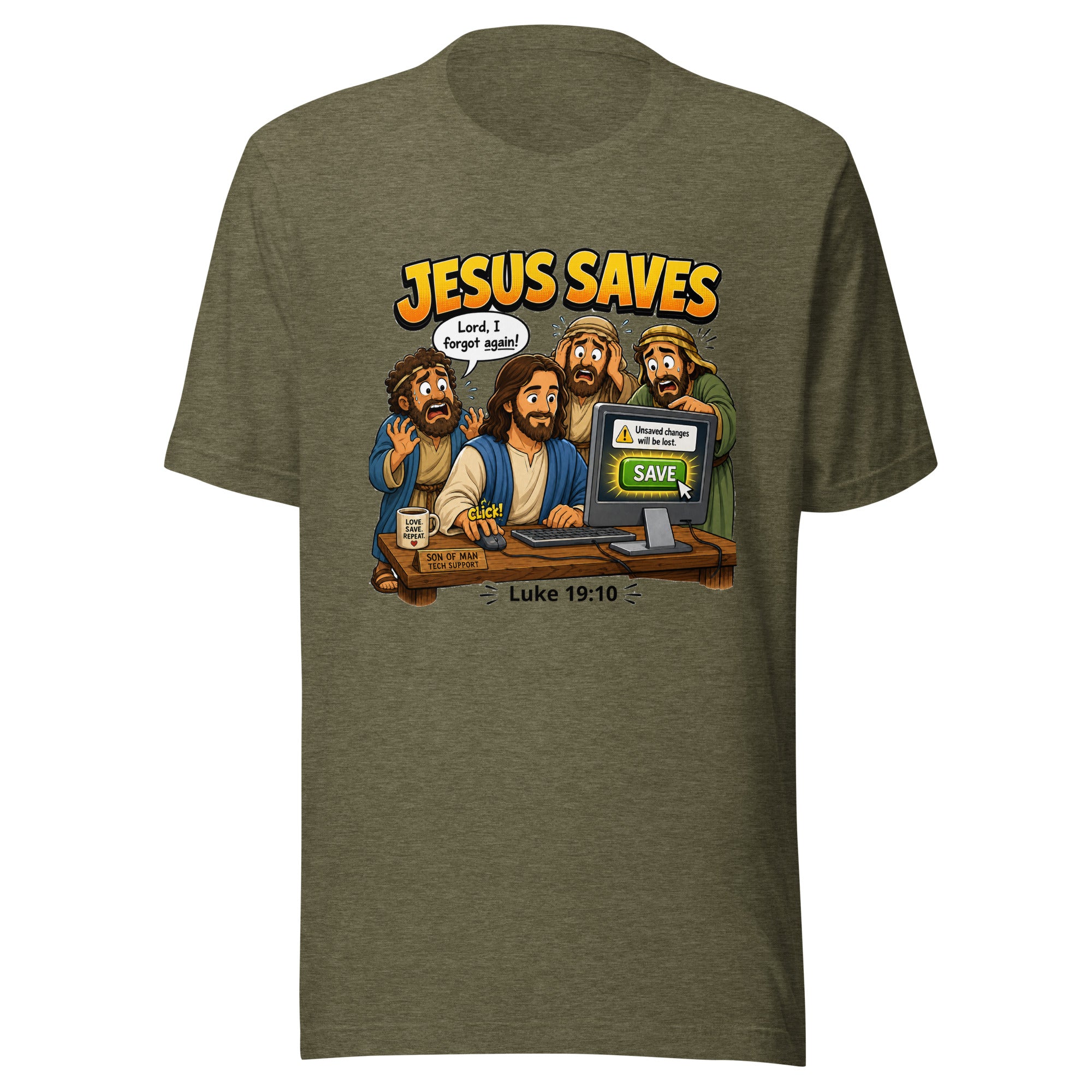 Green t-shirt with cartoon design of Jesus and three disciples at a computer, with 'Jesus Saves' text.