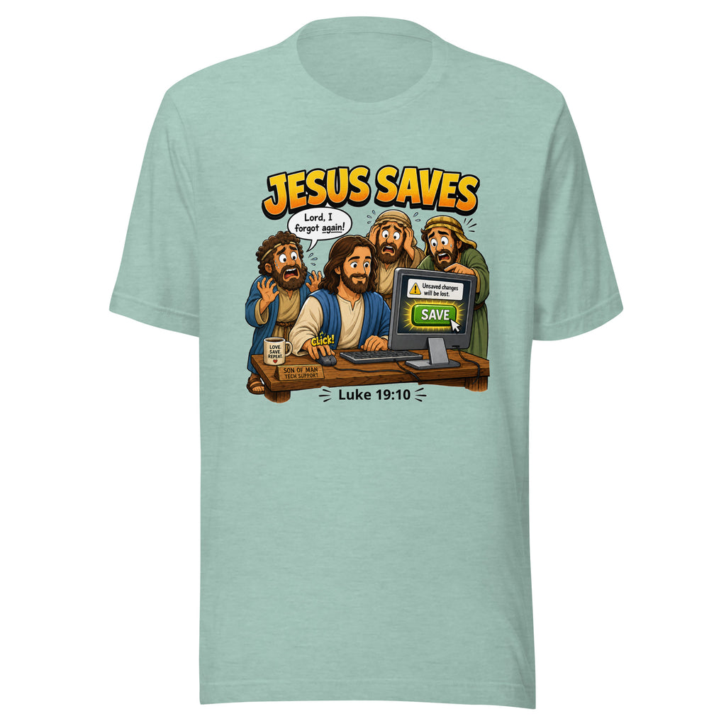 Light blue t-shirt with cartoon design of Jesus and three disciples in front of a computer screen, with 'Jesus Saves' text above.
