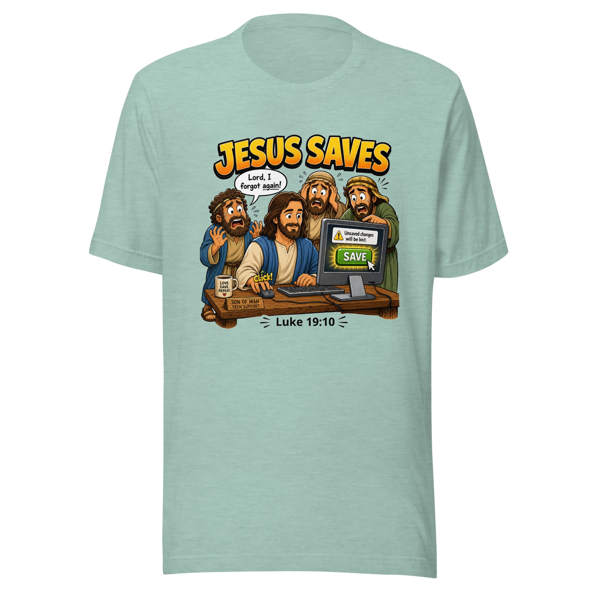 Light blue t-shirt with cartoon design of Jesus and three disciples in front of a computer screen, with 'Jesus Saves' text above.