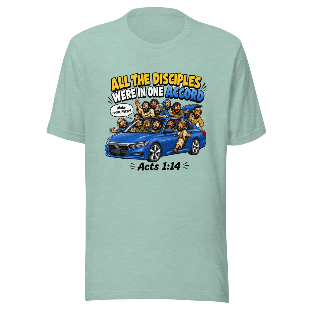 Light blue t-shirt with a graphic of a car and people, text 'All the disciples were in one accord' and 'Acts 1:14'.