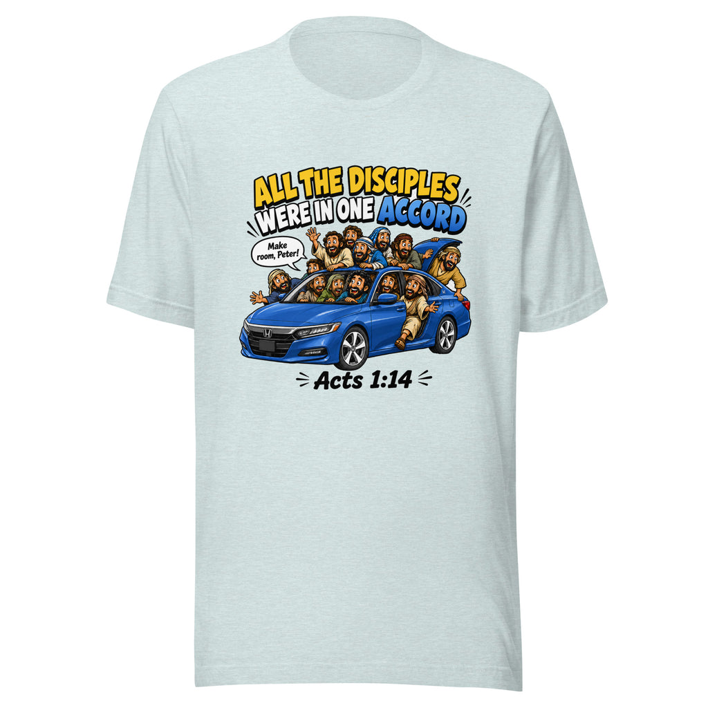 Light blue t-shirt with a graphic of people in a car and text on a white background
