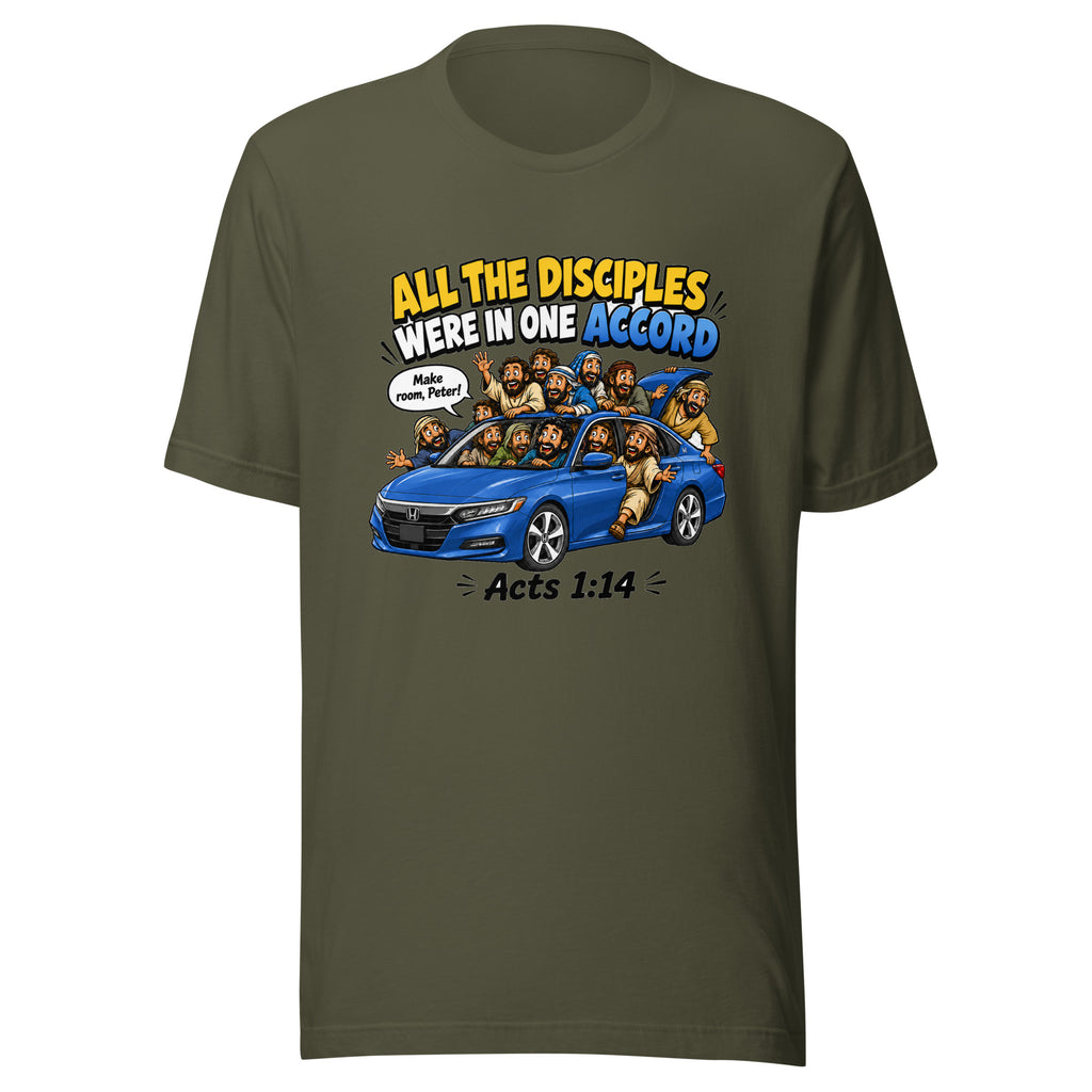 Green t-shirt with a graphic of people around a blue car and text on a white background