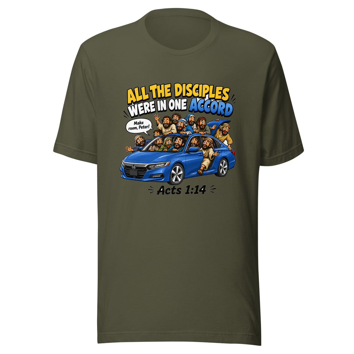 Green t-shirt with a graphic of people around a blue car and text on a white background