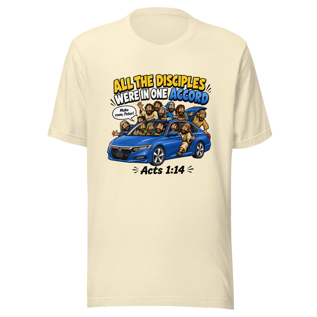 Beige t-shirt with a graphic of people in a car and text on a white background