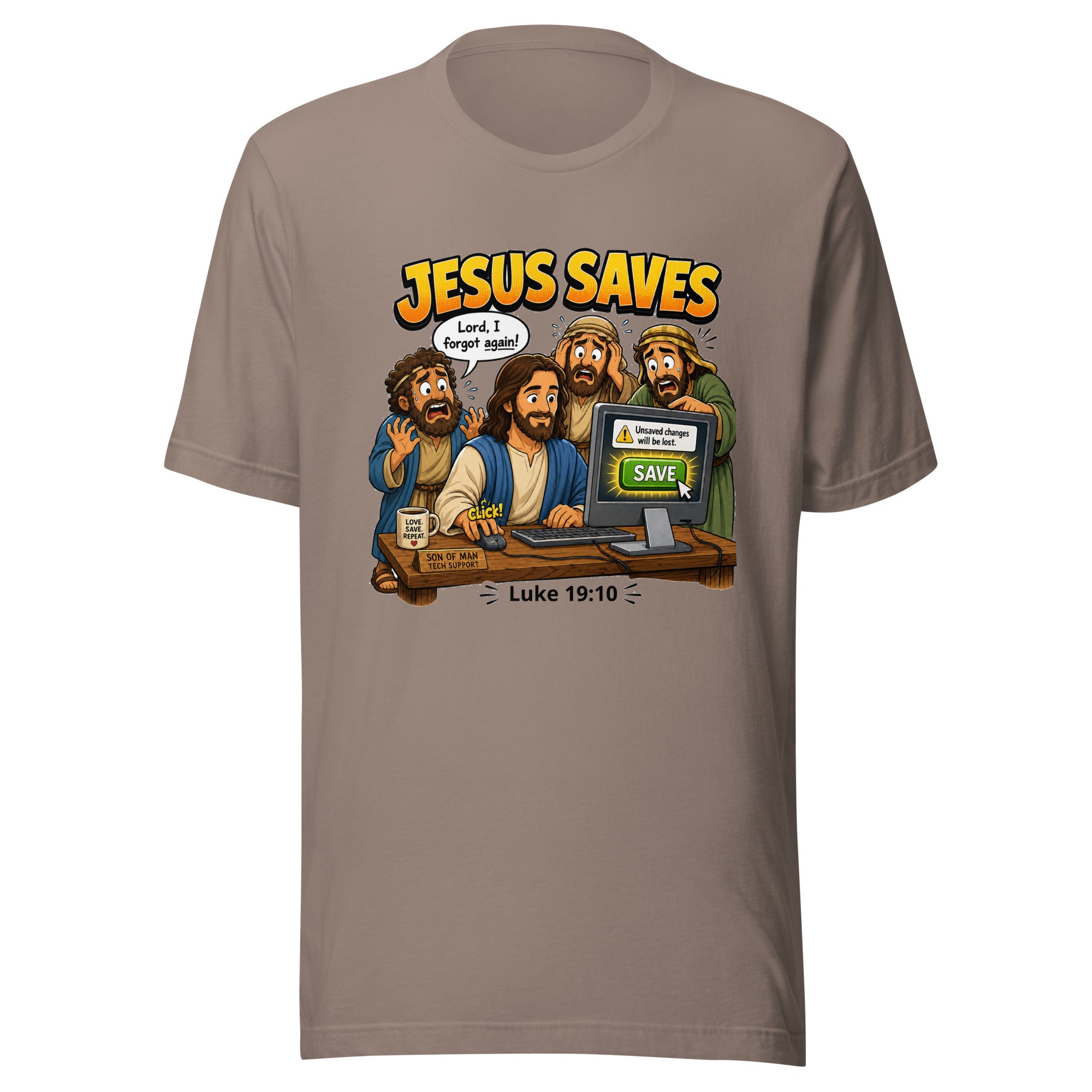 Brown t-shirt with cartoon design of Jesus and three disciples in front of a computer screen, with 'Jesus Saves' text above.