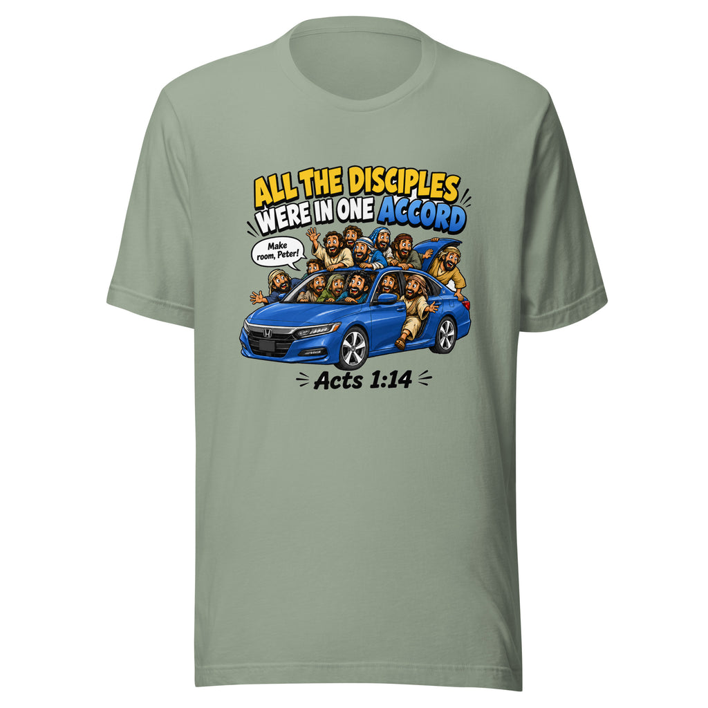 Green t-shirt with a graphic of a car and text on a white background