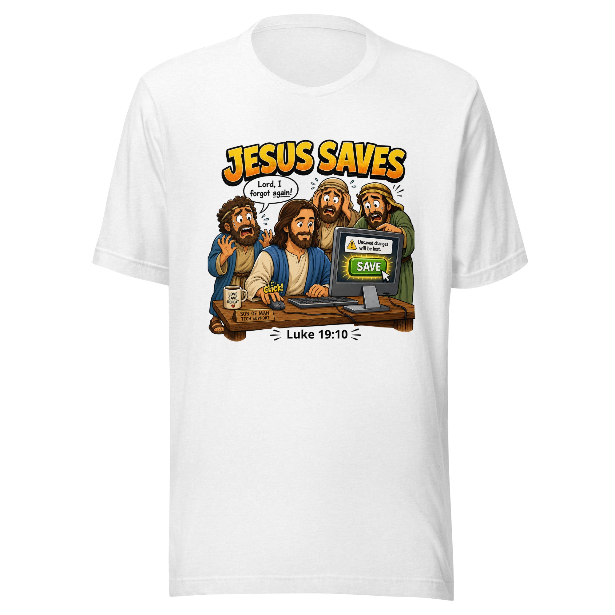 White t-shirt with cartoon design of Jesus and his disciples in front of a computer screen, with 'Jesus Saves' text above.
