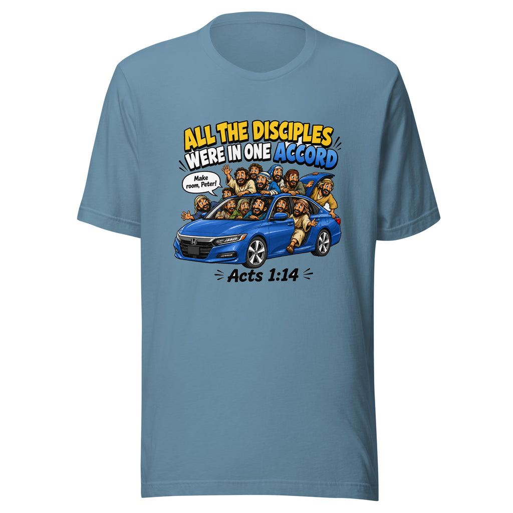 Blue t-shirt with a graphic design of people around a car and text on a white background