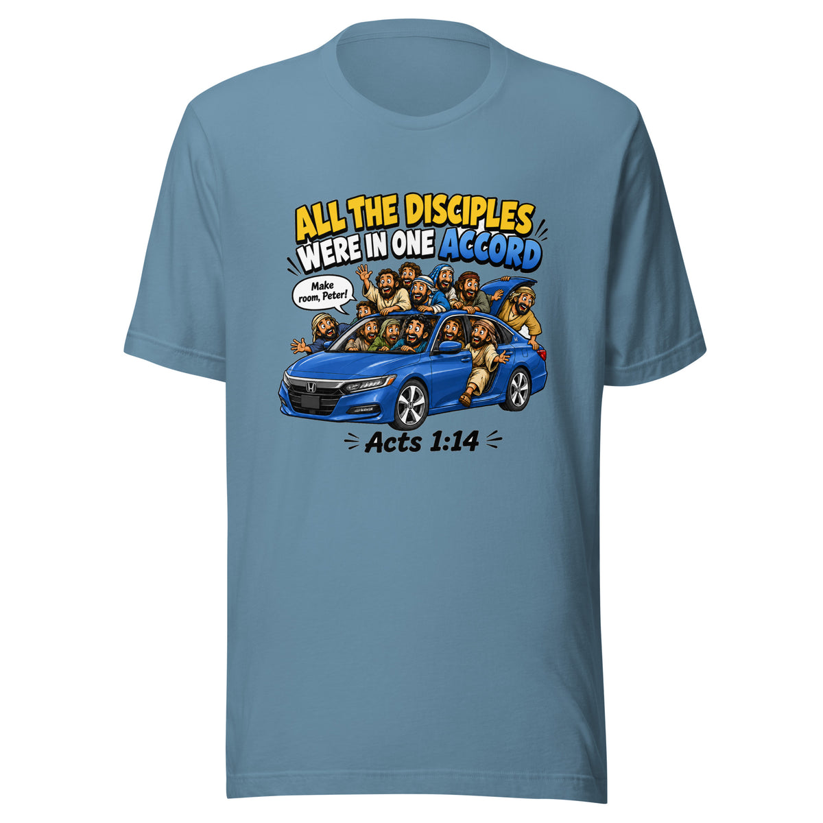 Blue t-shirt with a graphic design of people around a car and text on a white background