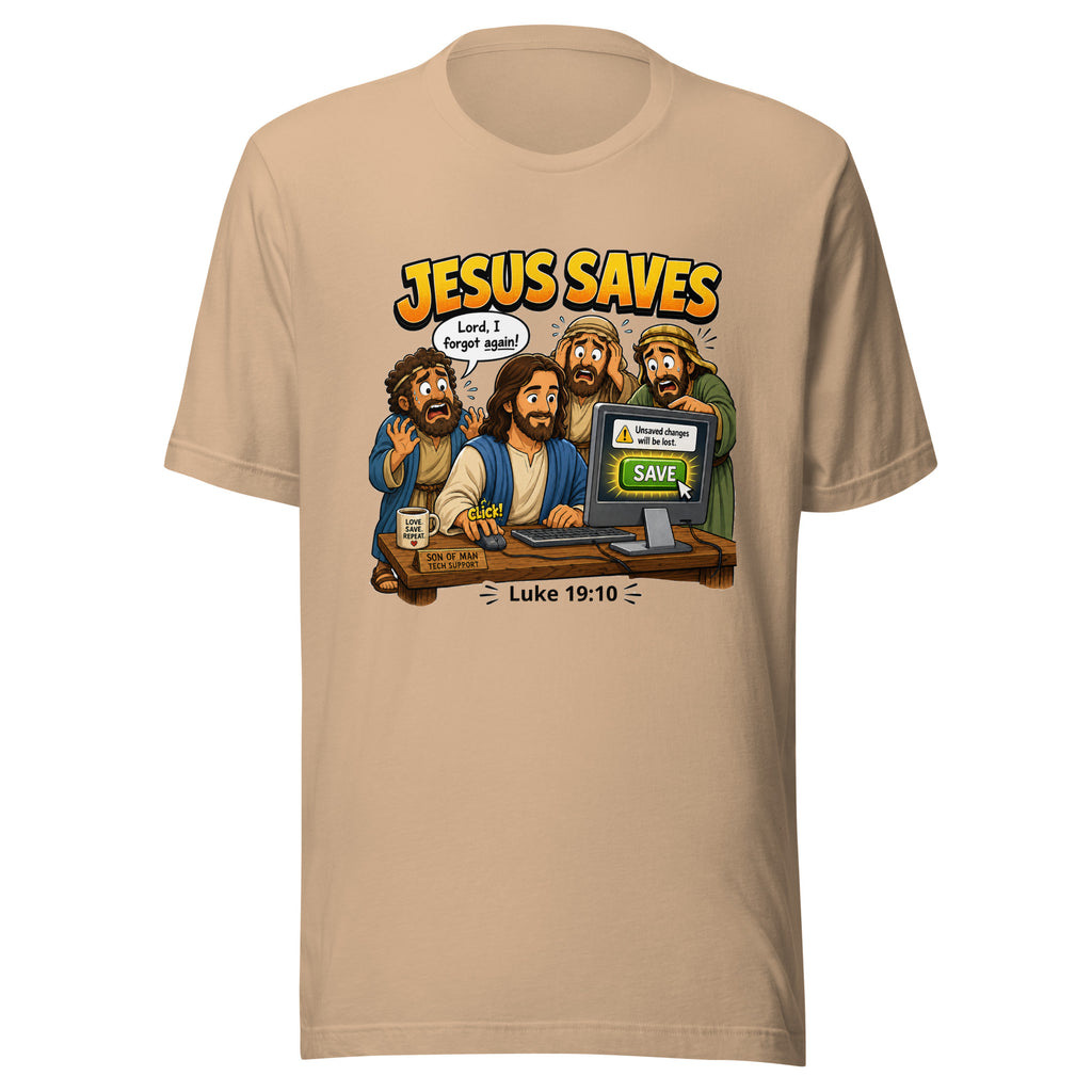Beige t-shirt with cartoon design of Jesus and three disciples in front of a computer screen, with 'Jesus Saves' text above.