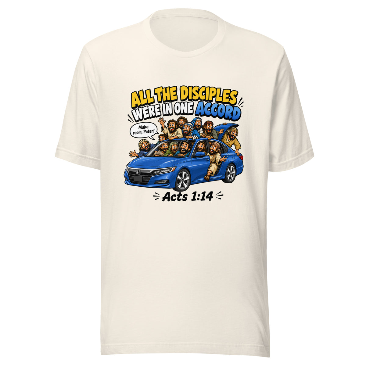 White t-shirt with a graphic of people in a car and text on a white background