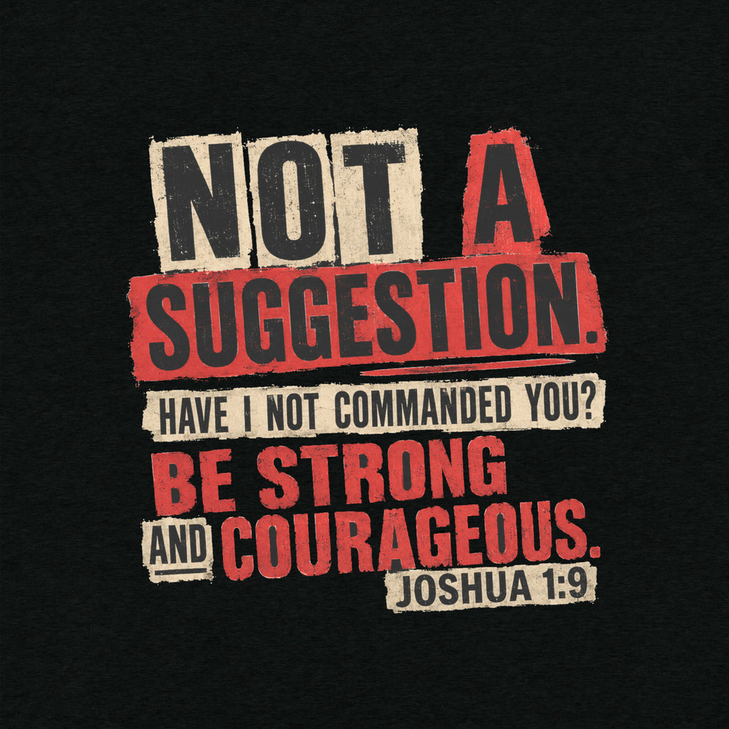 A close-up of a graphic print on a black fabric background. The text reads 'NOT A SUGGESTION.