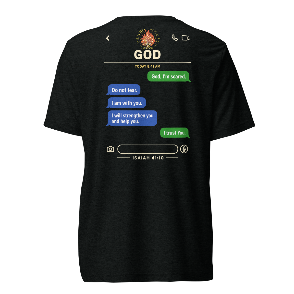 A black short-sleeve t-shirt shown from the back, featuring a printed graphic of a digital text message conversation with the word 'GOD' at the top and the Bible verse Isaiah 41:10 at the bottom.