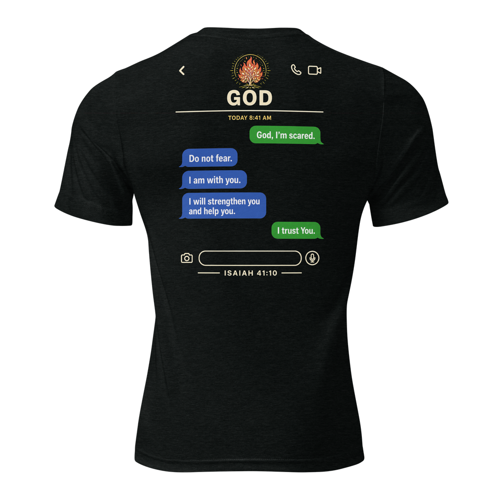 A black short-sleeve t-shirt shown from the back, featuring a printed graphic of a smartphone text conversation with the word 'GOD' at the top and a Bible verse at the bottom.