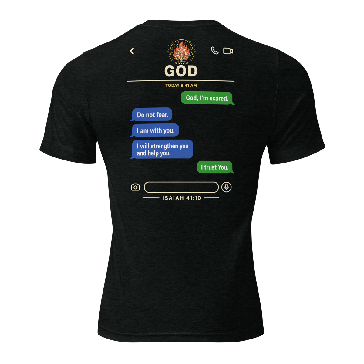 A black short-sleeve t-shirt shown from the back, featuring a printed graphic of a smartphone text conversation with the word 'GOD' at the top and a Bible verse at the bottom.