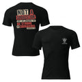 Two black short-sleeve graphic T-shirts shown on a white background, with the back view on the left and the front view on the right. The back has a large distressed text print in beige, red, and white.