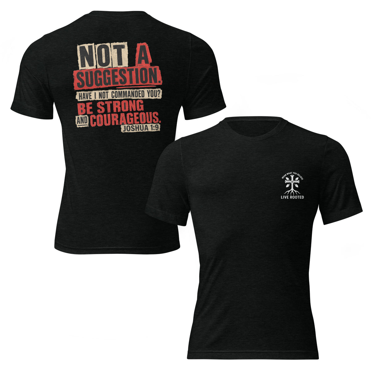 Two black short-sleeve graphic T-shirts shown on a white background, with the back view on the left and the front view on the right. The back has a large distressed text print in beige, red, and white.