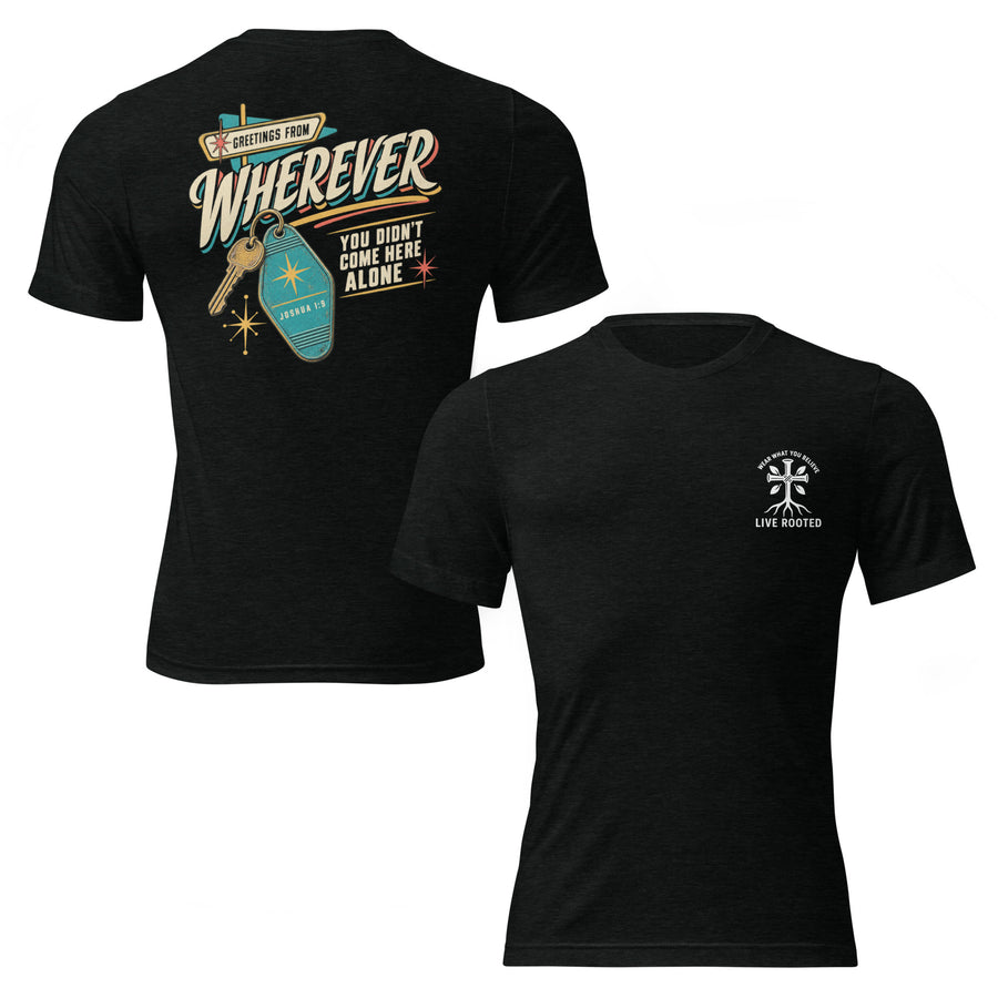 Two black short-sleeve t-shirts shown on a white background, displaying the front and back views. The back shirt features a large graphic with a key, a teal tag reading 'PRINCE 2', and text that reads 'ANOTHER DAY WHEREVER YOU DON'T COME HERE ALONE' with 'PRINCE 2' highlighted.
