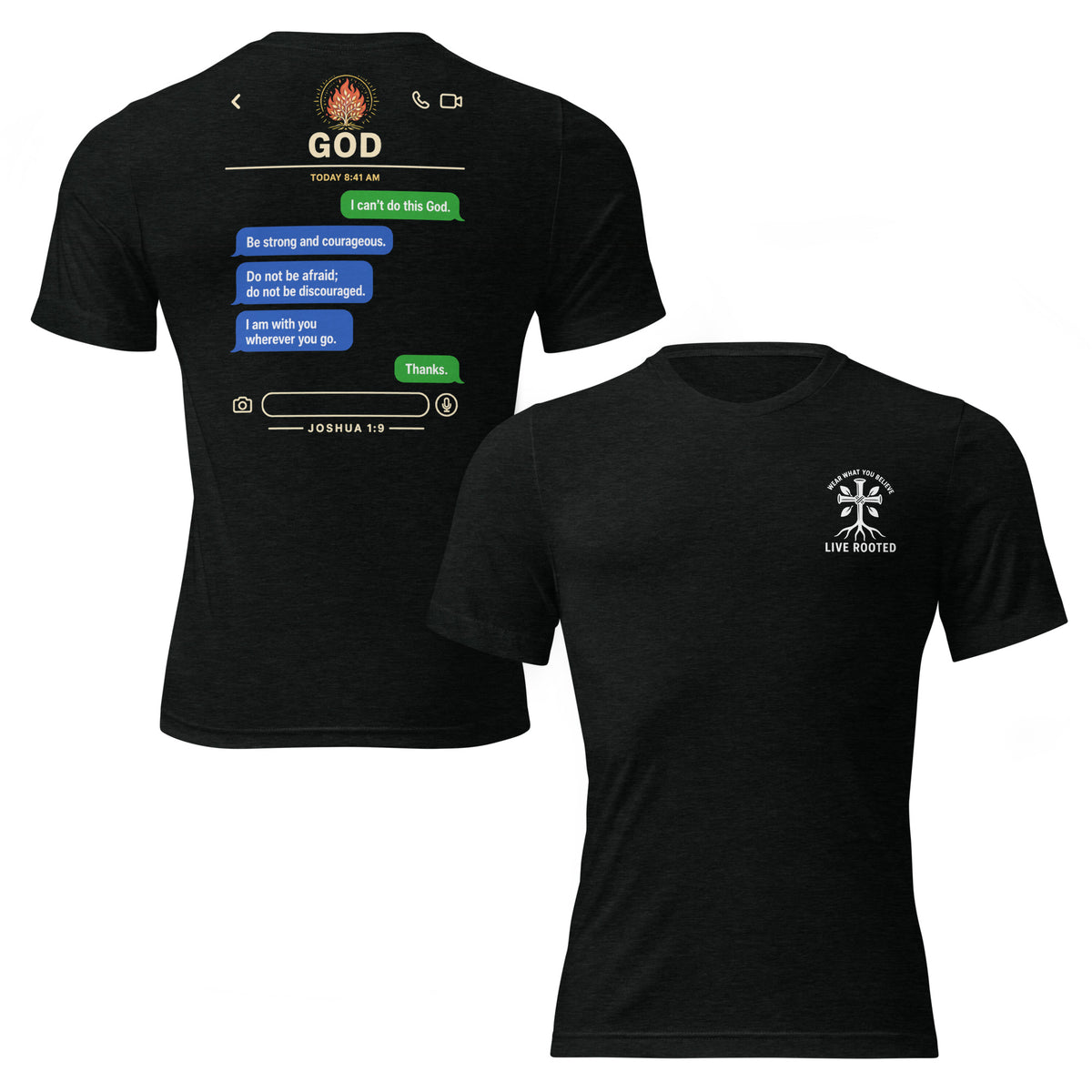 Black short-sleeve t-shirt shown from the front and back on a white background. The front features a small white cross and 'JESUS IS LIFE SAVIOR' graphic on the left chest.