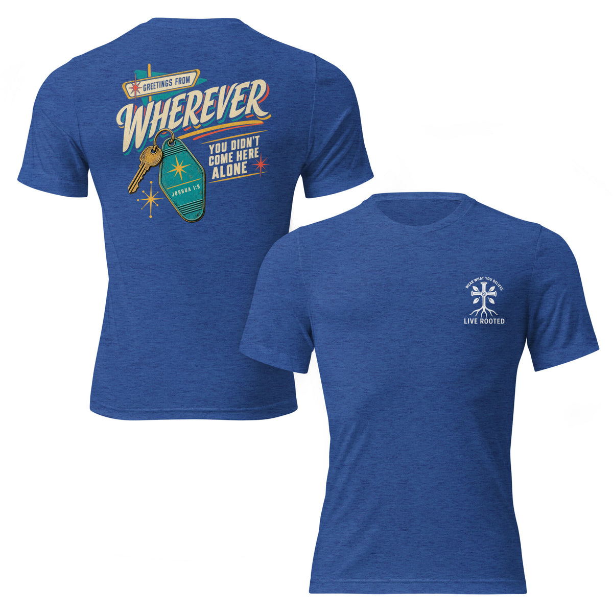 A heather royal blue short-sleeve t-shirt shown from both front and back. The front features a small white 'LIFE-DESIGNED' logo on the left chest.