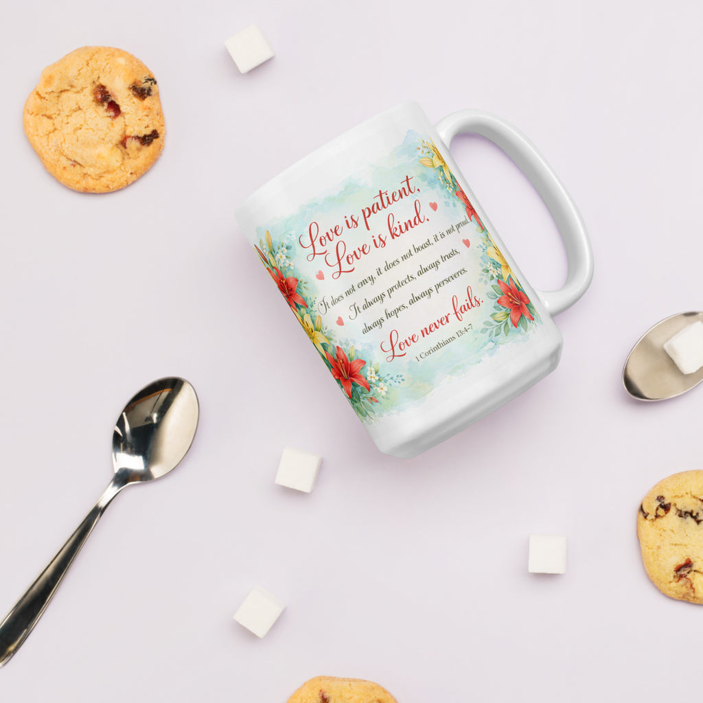 Love Never Fails — 1 Corinthians 13:4-7 Coffee Mug