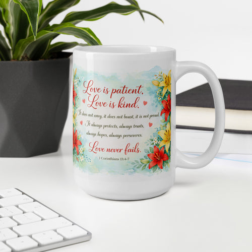 Love Never Fails — 1 Corinthians 13:4-7 Coffee Mug