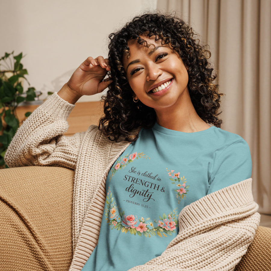 Proverbs 31 Shirt She is clothed in strength and dignity BLUE
