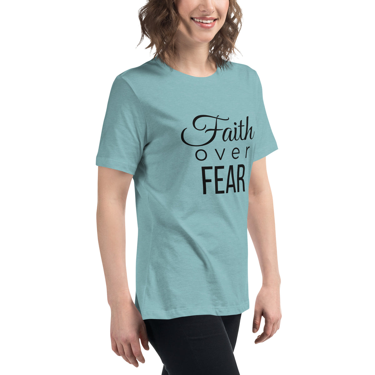 Faith Over Fear women's Christian T-shirt in heather blue