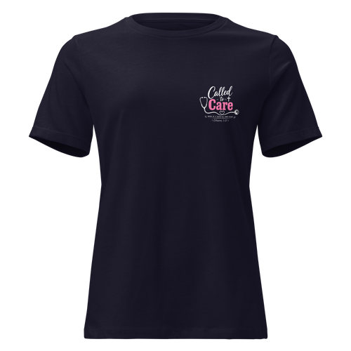 Called to Care Women's Fitted Relaxed T-Shirt featuring Colossians 3:23 Dark Colorsduct mockup